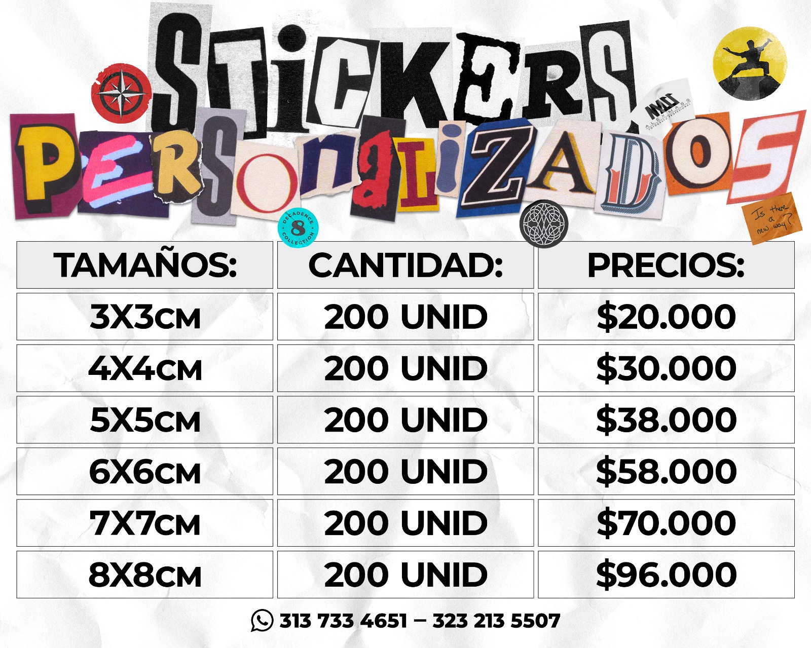 Tabla oficial de precios de stickers Alex Mass